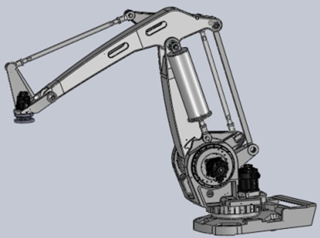 Teknisk CAD-ritning av en industrirobotarm med flera leder, hydraulcylinder och monteringsbas, representativ för robotutrustning i automatiserad tillverkning och lagerhantering.